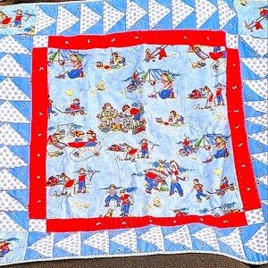 Vintage Style Children's Quilt with Red and Blue Patterns Excellent Used Shape